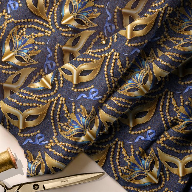 Masquerade Pattern Beads Masks Blue Gold ID1031 Fabric (Creator Uploaded)