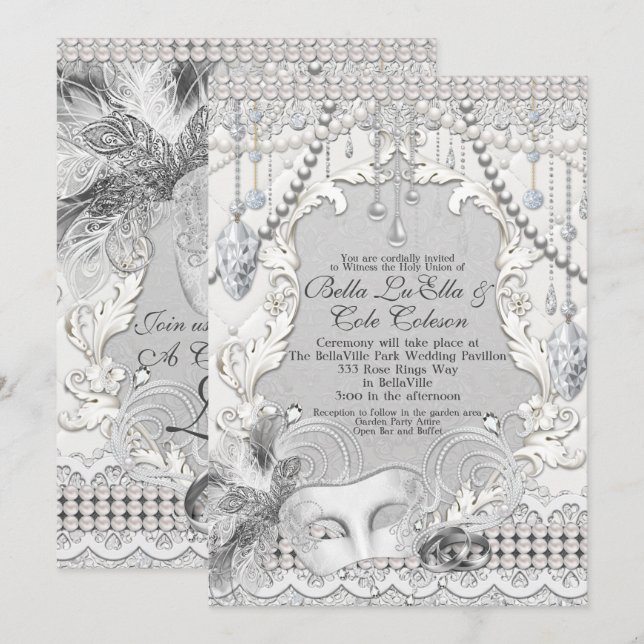 Masquerade Pearls Diamond Bling Wedding Invitation (Front/Back)