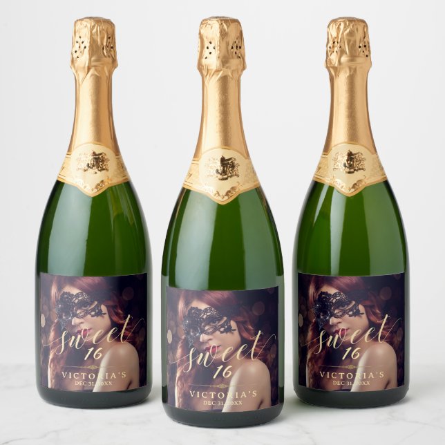 Masquerade Photo Sweet 16 Birthday Sparkling Wine Label (Bottles)