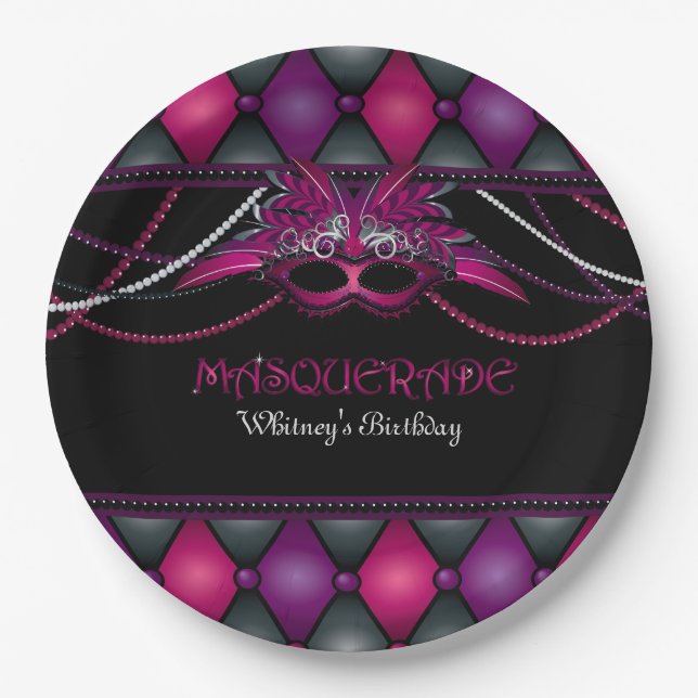 Masquerade, Pink & Black Party 9 Inch Paper Plate (Front)