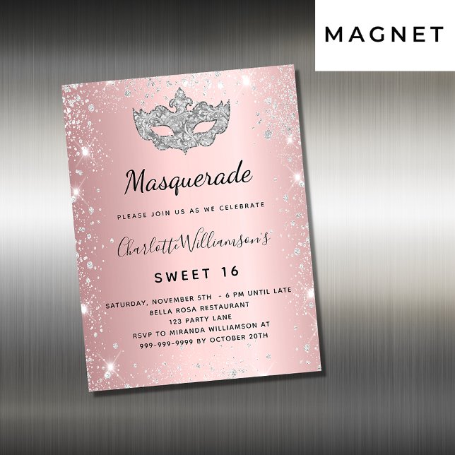 Masquerade pink silver Sweet 16 invitation magnet (Creator Uploaded)
