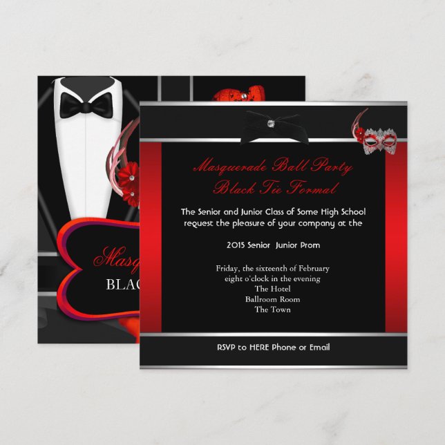 Masquerade Prom High School Dance Red Black Invitation (Front/Back)