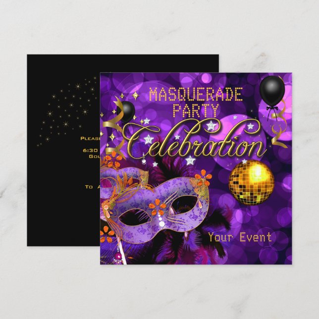 MASQUERADE Purple Gold Dance Party Disco Ball Invitation (Front/Back)