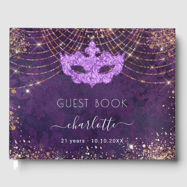 Masquerade purple gold glitter birthday guest book (Front)