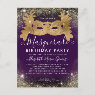 Masquerade Purple Gold Glitter Dust Birthday Party Postcard