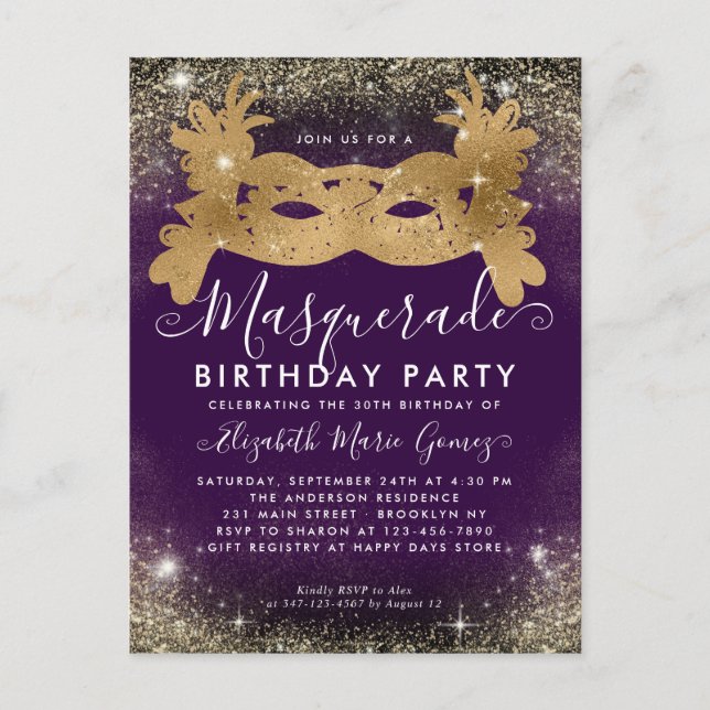 Masquerade Purple Gold Glitter Dust Birthday Party Postcard (Front)