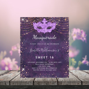 Masquerade purple gold Sweet 16 budget invitation Flyer