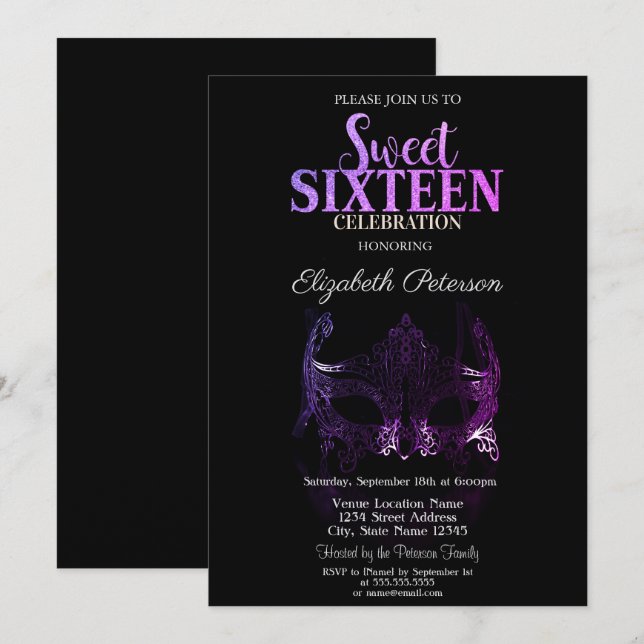 Masquerade,Purple Masque Sweet 16 Invitation (Front/Back)