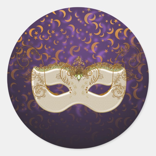 Masquerade Purple&Orange Moon&Stars RoundStickers Classic Round Sticker (Front)