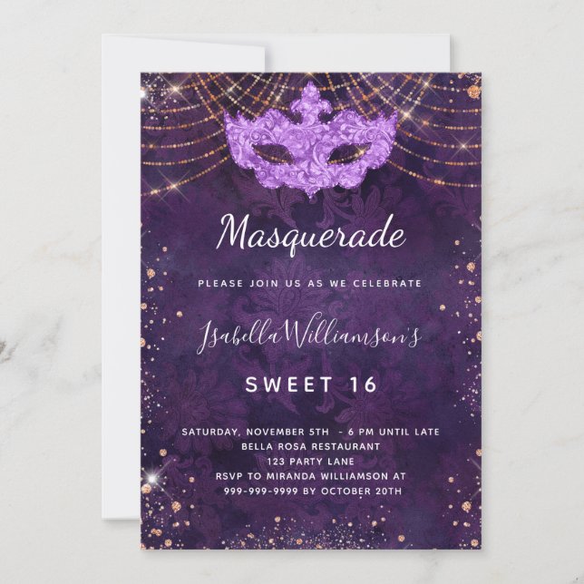 Masquerade purple rose gold Sweet 16 party Invitation (Front)