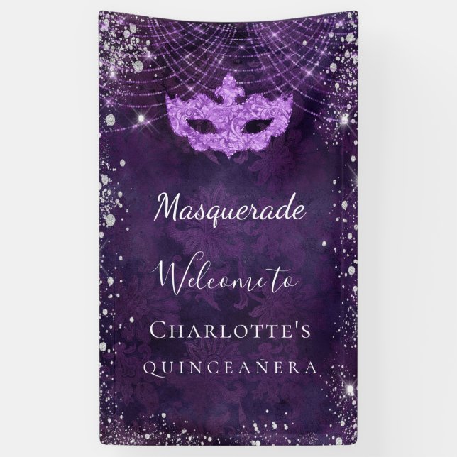 Masquerade purple silver glitter dust Quinceanera Banner (Vertical)