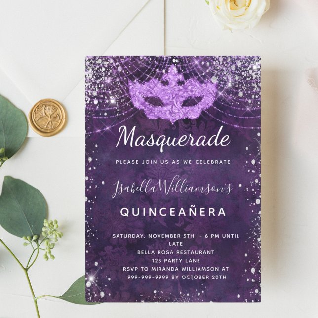 Masquerade purple silver glitter dust Quinceanera Invitation (Creator Uploaded)