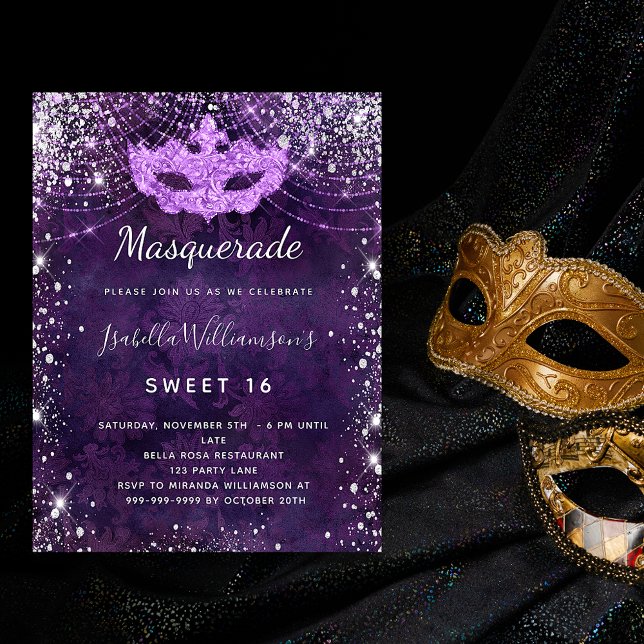 Masquerade purple silver glitter dust Sweet 16 Invitation Postcard (Creator Uploaded)