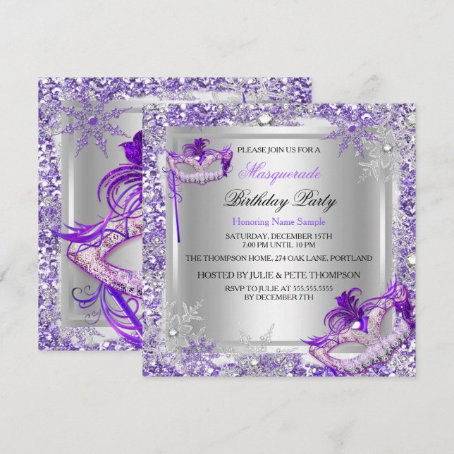 Masquerade Purple Silver Snowflakes Masks Party Invitation (Front/Back)