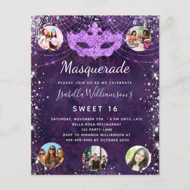 Masquerade purple Sweet 16 budget invitation Flyer (Front)