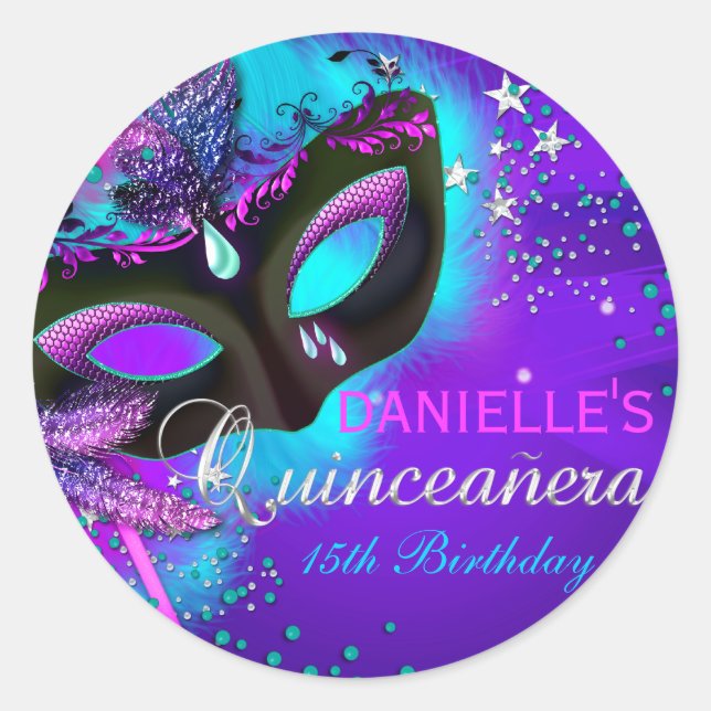 Masquerade Purple & Teal Quinceanera Sticker (Front)