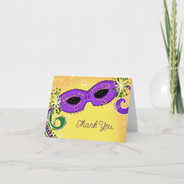 Masquerade Purple Yellow Mask Whimsical Stars Thank You Card (Front)