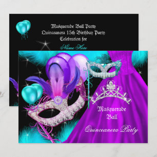 Masquerade Quinceanera 15 Party Teal Purple Invitation