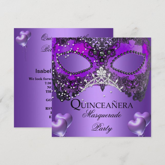 Masquerade Quinceanera 15 Purple Birthday Invitation (Front/Back)