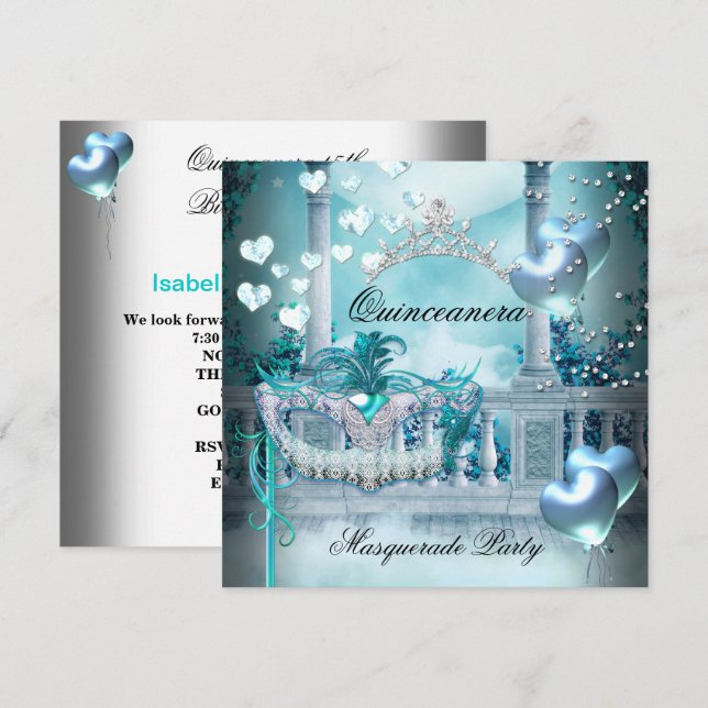 Masquerade Quinceanera 15 Teal Birthday Party Invitation (Front/Back)