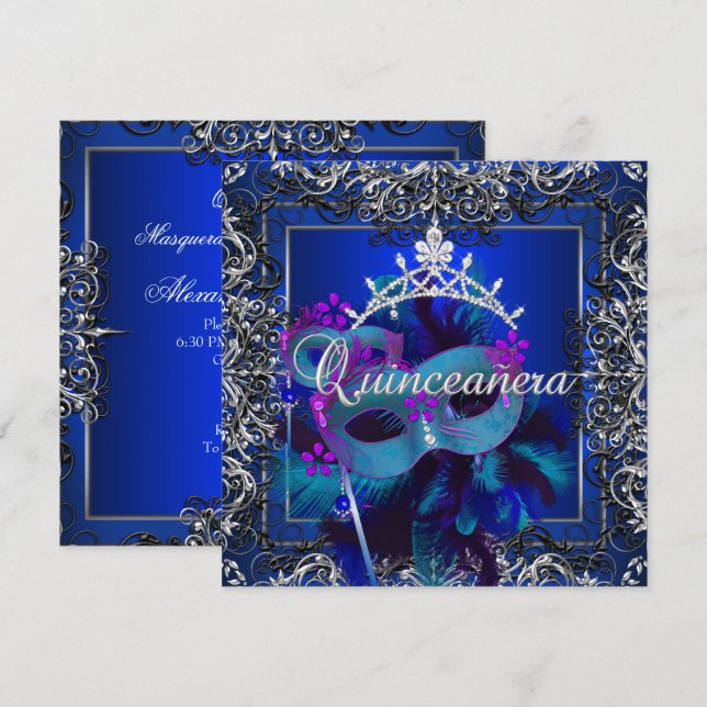 Masquerade Quinceanera 15th Birthday Party Blue Invitation (Front/Back)