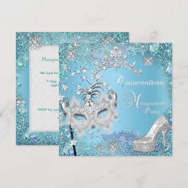 Masquerade Quinceanera 15th Party Blue Tiara Shoe Invitation (Front/Back)