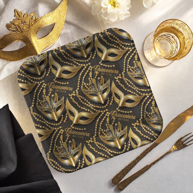 Masquerade Quinceanera Beads Masks Black ID1031 Paper Plate (Creator Uploaded)