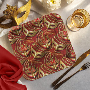 Masquerade Quinceanera Beads Masks Red ID1031 Paper Plate