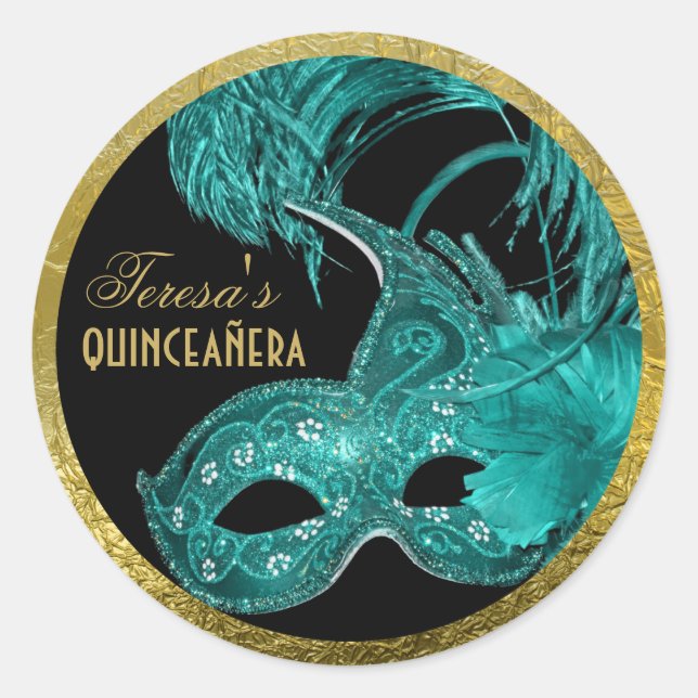 Masquerade quinceañera birthday aqua mask classic round sticker (Front)