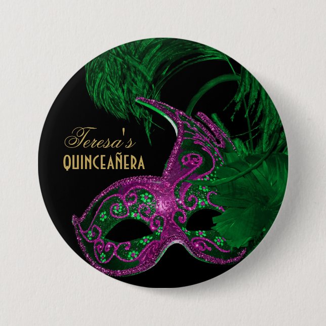 Masquerade quinceañera birthday green, pink mask 7.5 cm round badge (Front)