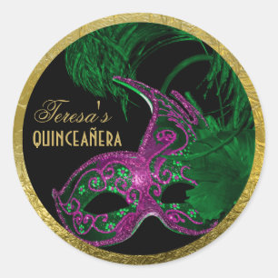 Masquerade quinceañera birthday green, pink mask classic round sticker