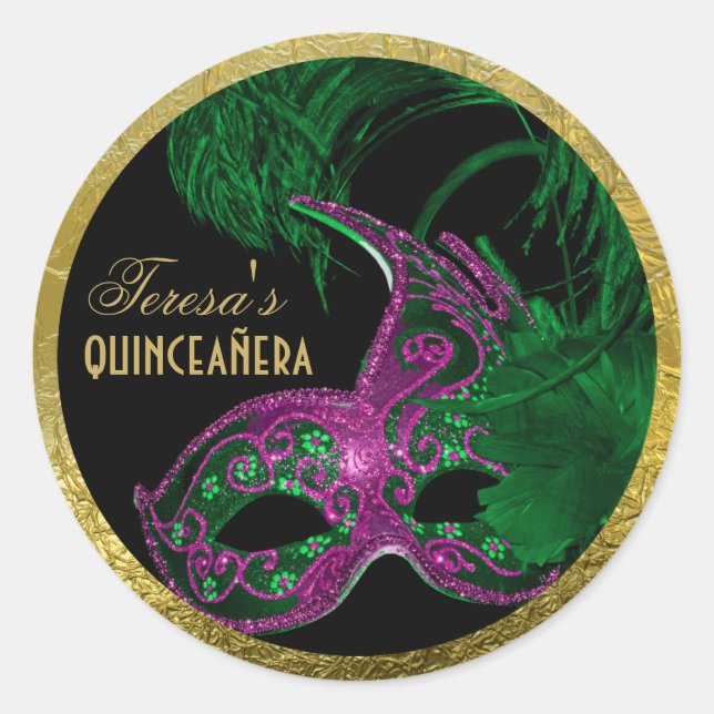 Masquerade quinceañera birthday green, pink mask classic round sticker (Front)
