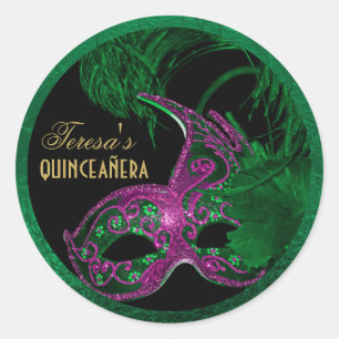 Masquerade quinceañera birthday green, pink mask classic round sticker