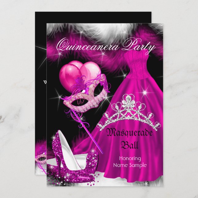 Masquerade Quinceanera Birthday Party Pink 3a Invitation (Front/Back)
