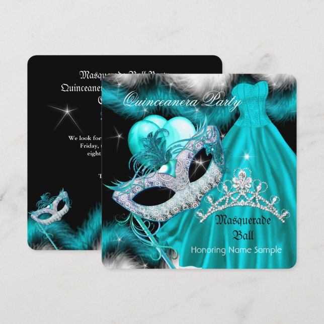 Masquerade Quinceanera Birthday Party Teal 2 Invitation (Front/Back)