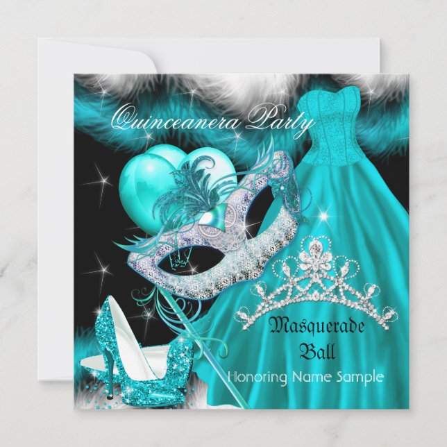 Masquerade Quinceanera Birthday Party Teal 3 Invitation (Front)