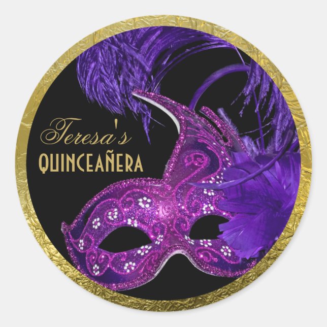 Masquerade quinceañera birthday pink, purple mask classic round sticker (Front)