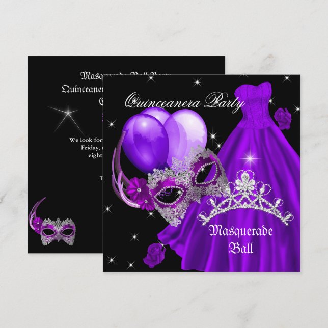 Masquerade Quinceanera Birthday Purple Rose Invitation (Front/Back)