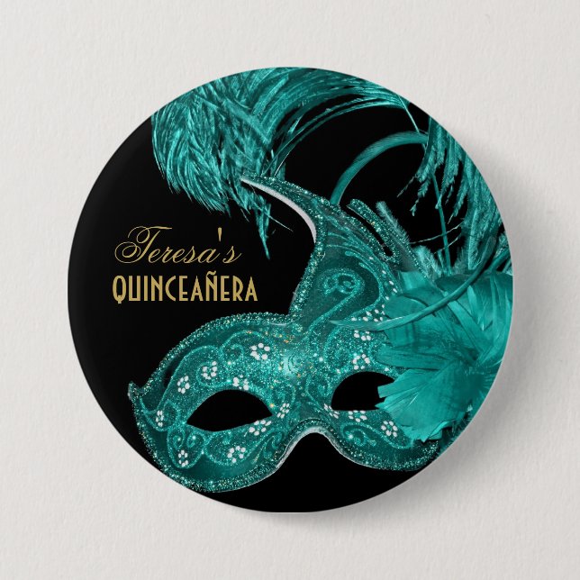 Masquerade quinceañera birthday turquoise mask 7.5 cm round badge (Front)