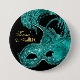 Masquerade quinceañera birthday turquoise mask 7.5 cm round badge