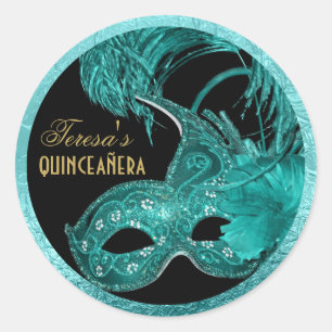 Masquerade quinceañera birthday turquoise mask classic round sticker
