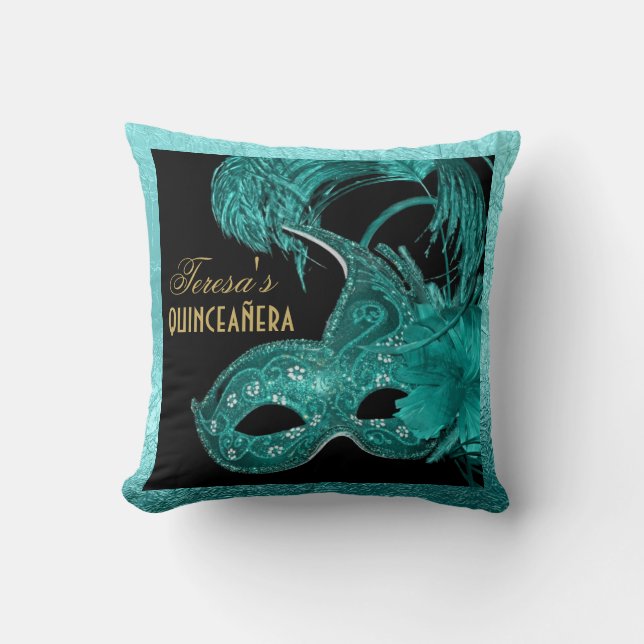 Masquerade quinceañera birthday turquoise mask cushion (Front)