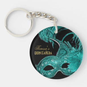 Masquerade quinceañera birthday turquoise mask key ring
