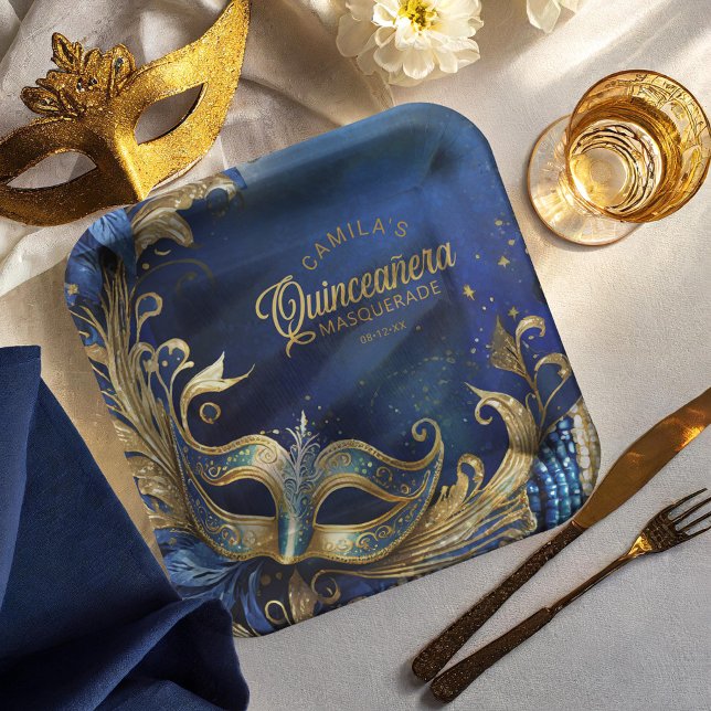 Masquerade Quinceanera Blue Gold ID1031 Paper Plate (Creator Uploaded)