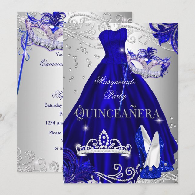Masquerade Quinceanera Blue Silver Dress Heels Invitation (Front/Back)