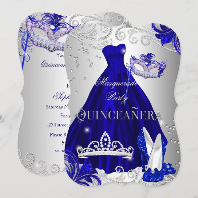 Masquerade Quinceanera Blue Silver Dress Heels Invitation (Front/Back)