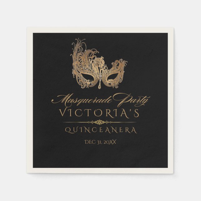Masquerade Quinceanera Chic Black Gold Napkin (Front)
