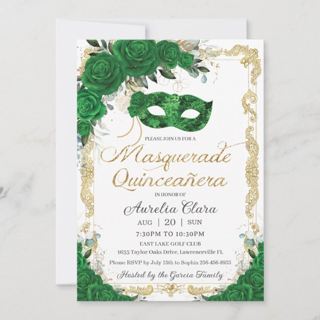 Masquerade Quinceañera Emerald Green Floral Gold Invitation (Front)
