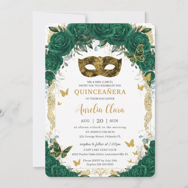 Masquerade Quinceañera Emerald Green Floral Gold Invitation (Front)