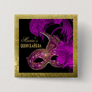 Masquerade quinceañera fifteenth birthday purple 15 cm square badge